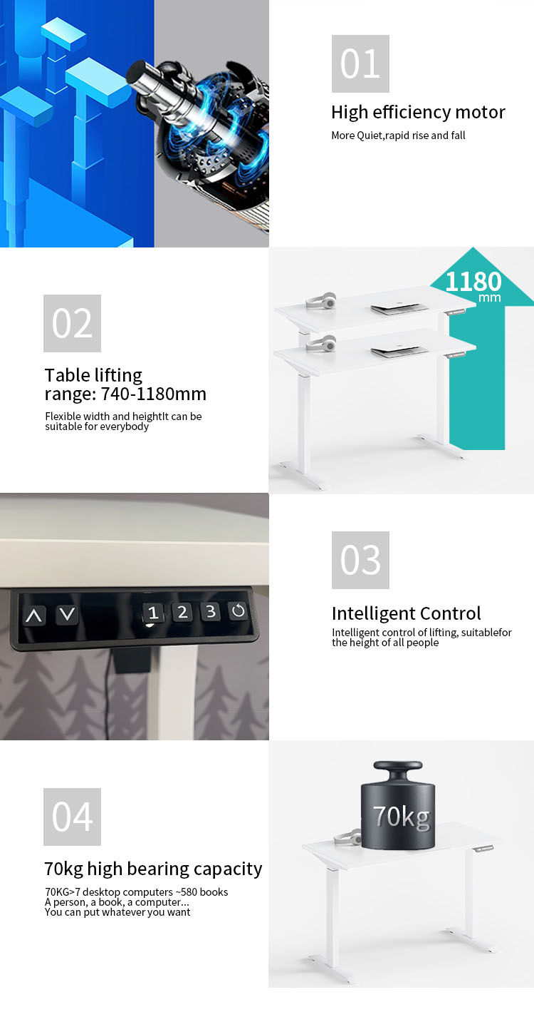 Materiale del telaio in acciaio: tubo d'acciaio laminato a freddo da 1,5 mm di alta qualità Intervallo di sollevamento del tavolo: 740-1180 mm Intervallo di espansione del telaio intermedio: 1050-1450 mm Intervallo di lunghezza disponibile per la scheda desktop: lunghezza di 1100-1600 mm, larghezza di 600-760 mm Livello di rumore: < 50 dB Ingresso potenza: 100-220 V Corrente: 1,5 A Potenza motore: 80 W Superficie del telaio in acciaio: spruzzo Rapporto a vuoto del motore: 10% (lavoro per 2 minuti, riposo per 18 minuti) Caratteristiche aggiuntive: memoria di alta qualità + display digitale elettronico16