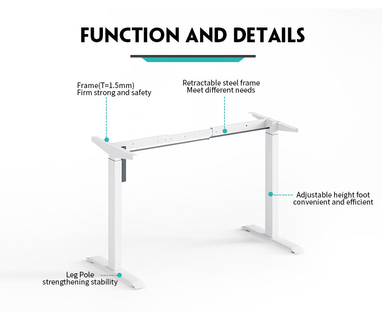 Materiaal stalen frame: hoogwaardige 1,5 mm koudgewalste stalen buis Hefbereik tafel: 740-1180 mm Uitbreidingsbereik tussenframe: 1050-1450 mm Beschikbaar lengtebereik desktopbord: lengte van 1100 - 1600 mm, breedte van 600 - 760 mm Geluidsniveau: < 50 dB invoer vermogen: 100-220V Stroom: 1,5A Motorvermogen: 80W Stalen frameoppervlak: spray Nullastverhouding van motor: 10% (2 minuten werken, 18 minuten rusten) Extra functies: hoogwaardig geheugen + elektronisch digitaal display15